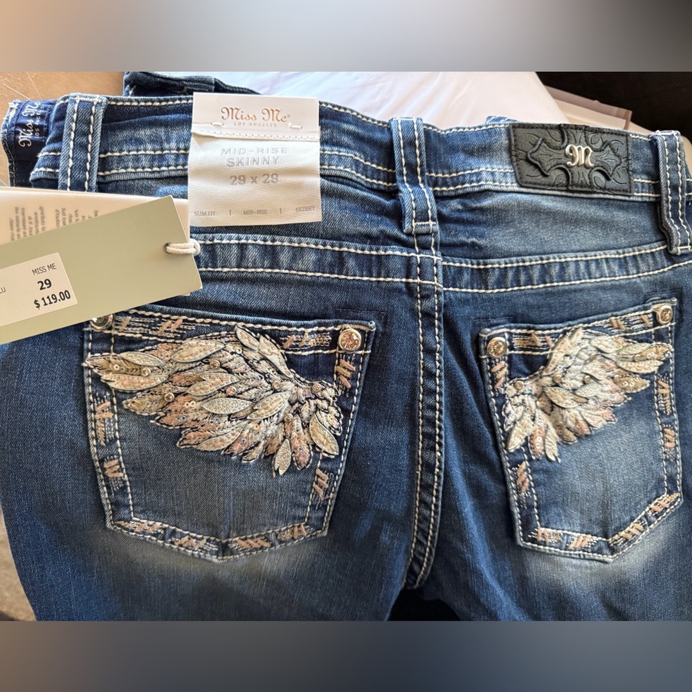 Miss Me Blue Skinny Jeans with Sequin Wings